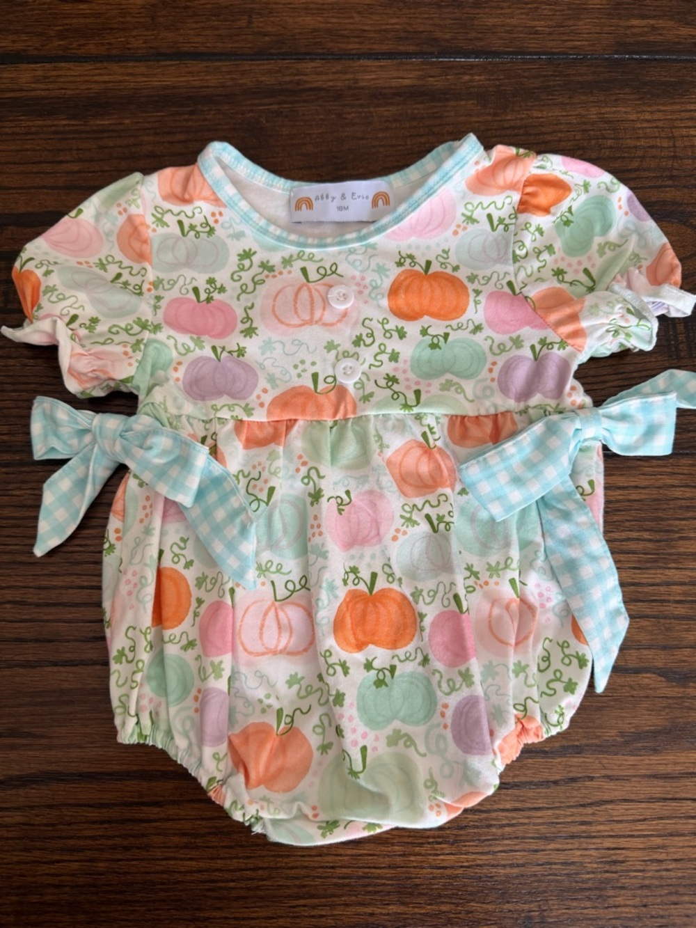 Abby & Evie Pumpkin Print Bubble Romper with Blue Gingham Bows